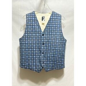 Vintage F. Brand Plaid Button Front Vest Medium Blue Tan Neutral‎ Gingham Check